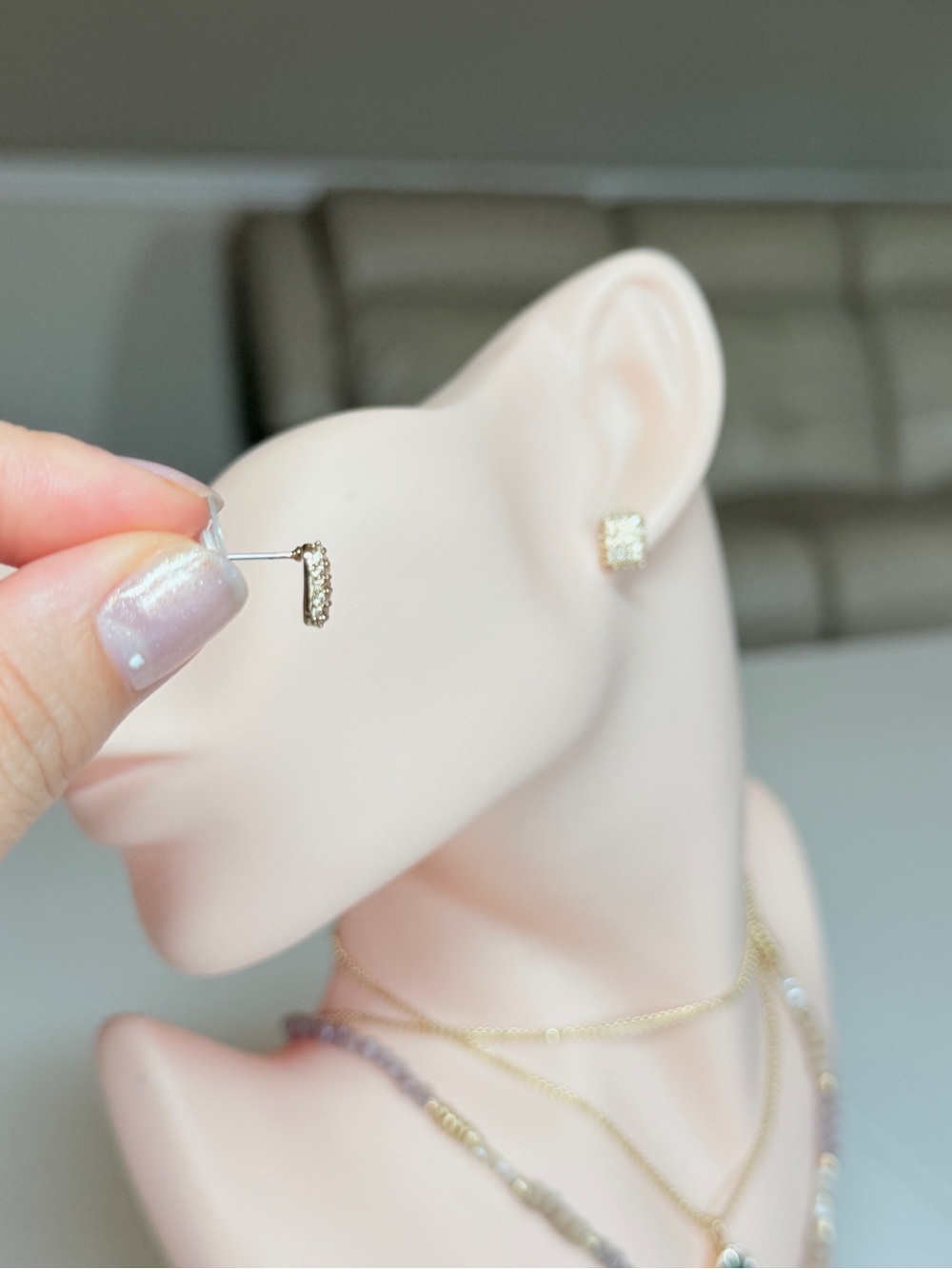 Gold Pave Square Stud Earrings - Picture 6 of 11
